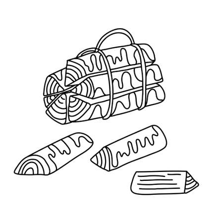 Bundle of firewood and logs. Hand drawn vector illustration in doodle style on white background. Isolated black outline. Camping equipment, countryside life.のイラスト素材