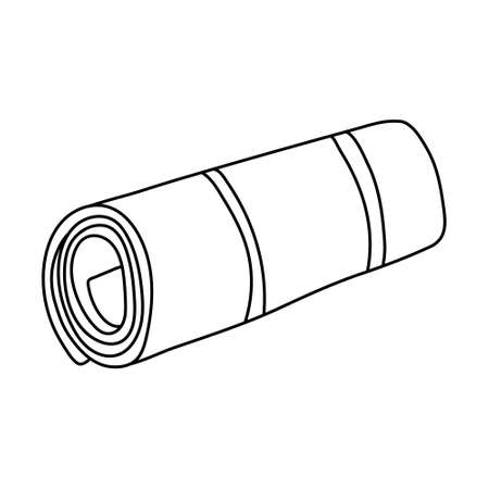 Hand drawn vector illustration of a rolled up mat in doodle style on white background. Isolated black outline. Camping and tourism equipment.のイラスト素材