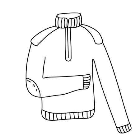 Hand drawn vector illustration of a warm turtleneck sweater in doodle style on white background. Isolated black outline. Camping and tourism clothesのイラスト素材