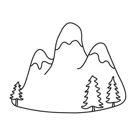 Mountains landscape with pines or firs. Hand drawn vector illustration in doodle style on white background. Isolated black outline. Camping, tourism and traveling icon.のイラスト素材