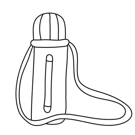 Hand drawn vector illustration of a  bottle for hiking in doodle style on white background. Isolated black outline. Camping and tourism equipment.のイラスト素材