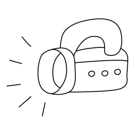 Camping rechargeable flashlight. Hand drawn vector illustration of in doodle style on white background. Isolated black outline. Camping and tourism equipment.のイラスト素材
