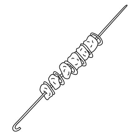 Grilled meat and onion on a skewer. Hand drawn vector illustration of in doodle style on white background. Isolated black outline.のイラスト素材