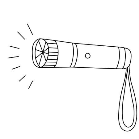 Pocket handle flashlight. Hand drawn vector illustration of in doodle style on white background. Isolated black outline. Camping and tourism equipment.のイラスト素材