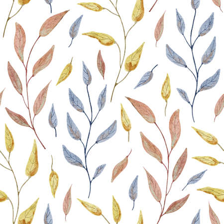 Beautiful seamless pattern with tree branches. Hand painted watercolor illustration on white background. Great for fabrics; wrapping papers; covers. Blue; yellow and brown colors.の写真素材
