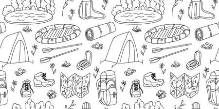Vector seamless pattern. Lake, boat, tourism and camping equipment on white background. Great for fabrics, wrapping papers, wallpapers, covers. Doodle hand drawn sketch illustration black outlines.のイラスト素材