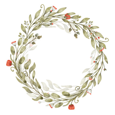 Watercolor floral wreath. Hand painted illustration of branches with leaves and poppy flowers. Red and green colors. Great for greeting cards, wedding invitation.の写真素材