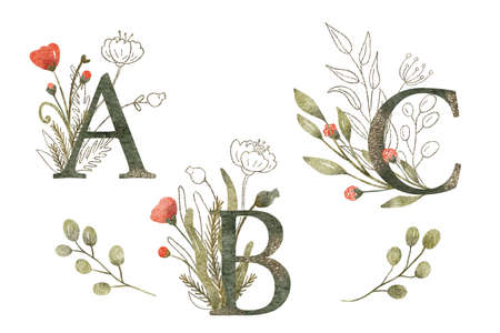 Watercolor floral arrangements with letters A, B and C. Hand painted illustration of branches with leaves and poppy flowers. Red, green and gold colors. Beautiful monograms.の写真素材
