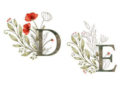 Watercolor floral arrangements with letters D and E. Hand painted illustration of branches with leaves and poppy flowers. Red, green and gold colors. Beautiful monograms.の写真素材
