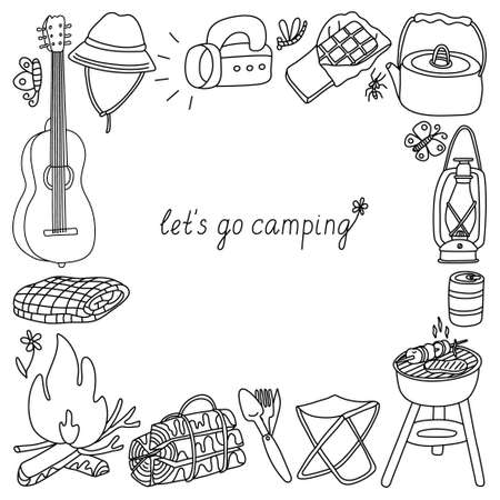 Vector doodle square frame with camp equipment. Hand drawn sketch illustration isolated on white. Black outlines. Campfire, lantern, barbeque, guitar and other things for outdoor rest.のイラスト素材