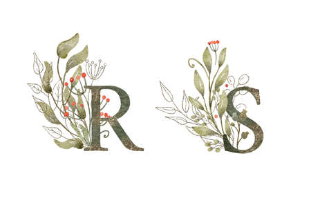 Watercolor floral arrangements with R and S letters. Hand painted illustration of branches with leaves and flowers. Red, green and gold colors. Beautiful monograms.の写真素材