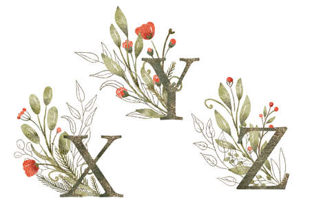 Watercolor floral arrangements with X, Y and Z letters. Hand painted illustration of branches with leaves and flowers. Red, green and gold colors. Beautiful monograms.の写真素材