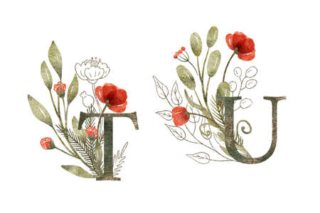 Watercolor floral arrangements with T and U letters. Hand painted illustration of branches with leaves and flowers. Red, green and gold colors. Beautiful monograms.の写真素材