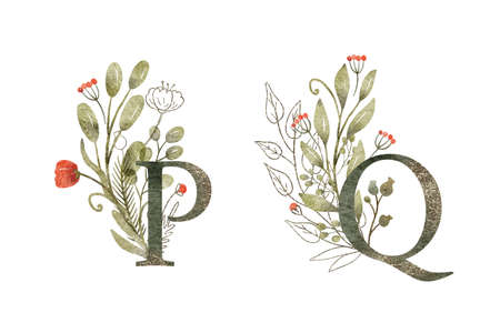 Watercolor floral arrangements with letters P and Q. Hand painted illustration of branches with leaves and flowers. Red, green and gold colors. Beautiful monograms.の写真素材