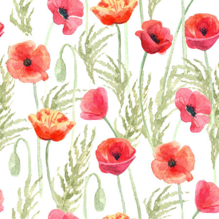 Beautiful seamless pattern with poppy flowers. Hand painted watercolor illustration on white background. Great for fabrics, wrapping papers, wallpapers, covers. Red and green colors.の写真素材