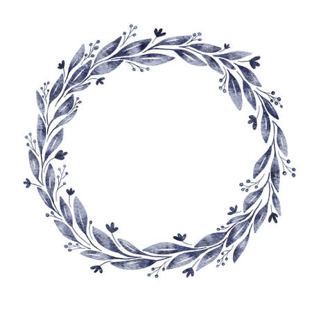 Watercolor floral wreath with leaves. Hand painted illustration isolated on white background. Indigo color. Great for greeting cards, wedding invitation.の写真素材