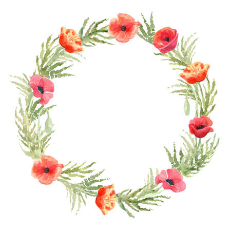 Watercolor floral wreath or frame with poppy flowers. Hand painted illustration on white background. Red and green colors. Great for greeting cards, wedding invitation, home posters.の写真素材