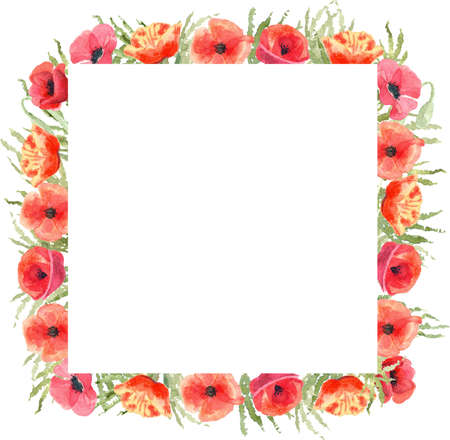 Watercolor floral square frame with poppy flowers. Hand painted illustration on white background. Red and green colors. Great for greeting cards, wedding invitation, blog decoration.の写真素材