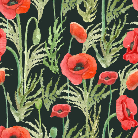 Beautiful seamless pattern with beautiful poppy flowers. Hand painted watercolor illustration on dark green background. Great for fabrics, wrapping papers, wallpapers, covers. Red and green colors.の写真素材