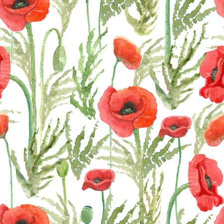 Beautiful seamless pattern with beautiful poppy flowers. Hand painted watercolor illustration on white background. Great for fabrics, wrapping papers, wallpapers, covers. Red and green colors.の写真素材