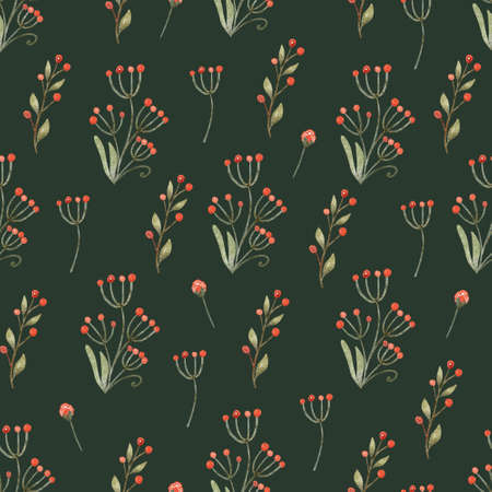 Seamless pattern with plants and berries. Hand painted watercolor illustration on dark green background. Great for fabrics, wrapping papers, wallpapers, covers. Red and green colors.の写真素材