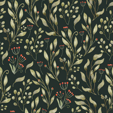 Beautiful vintage seamless pattern with branches with green leaves and red berries. Hand painted illustration on dark green background. Great for fabrics, wrapping papers, wallpapers, covers.の写真素材