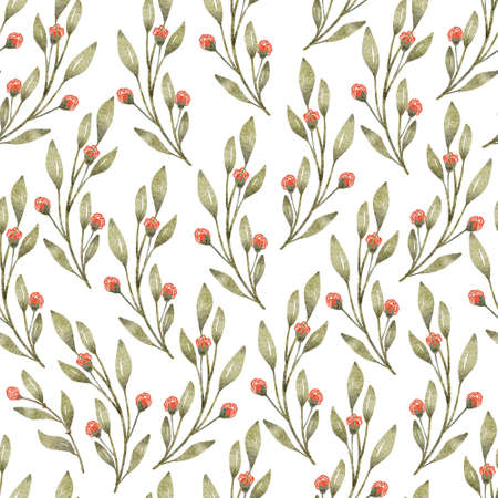 Beautiful seamless pattern with branches with green leaves and red flowers. Hand painted illustration on white background. Great for fabrics, wrapping papers, wallpapers, covers.の写真素材
