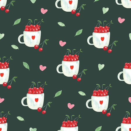 Watercolor seamless pattern with mugs full of cherry berries on dark green background. Beautiful textile print. Great for fabrics, kids clothing, covers, phone cases. Fresh summer food.の写真素材