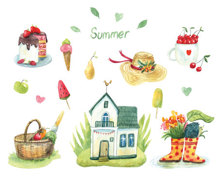 Hand painted watercolor set or clipart with summer cottage, picnic basket, ice cream, rubber boots, mug full of cherry berries, cake, fruit and straw sun hat isolated on white. Summer lettering.の写真素材