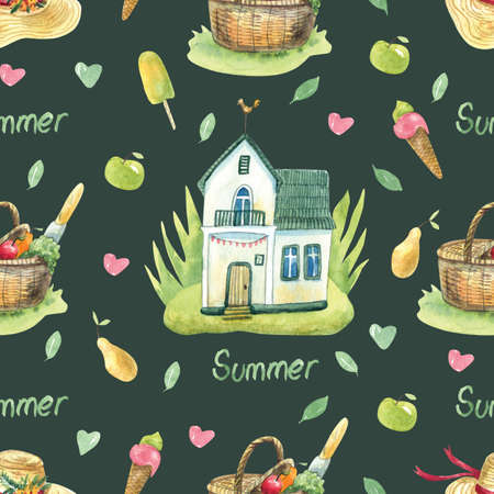 Watercolor seamless pattern with summer cottage, picnic basket, ice cream, fruit and straw sun hats on green background. Beautiful textile print. Great for fabrics, kids clothing, linens.の写真素材