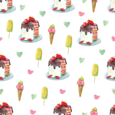 Watercolor seamless pattern with ice cream and cakes decorated with strawberries on white background. Beautiful summer textile print. Great for fabrics, kids clothing, covers, phone cases. Sweet foodの写真素材