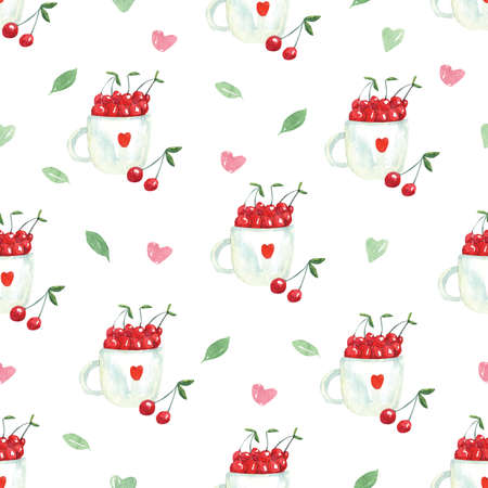 Watercolor seamless pattern with mugs full of cherry berries on white background. Beautiful textile print. Great for fabrics, kids clothing, covers, phone cases. Fresh summer food.の写真素材