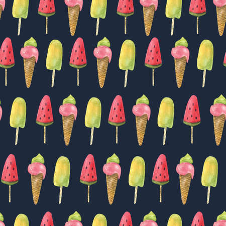 Watercolor seamless pattern with fruit ice cream on navy blue background. Beautiful summer textile print. Great for fabrics, kids clothing, covers, phone cases. Sweet food.の写真素材