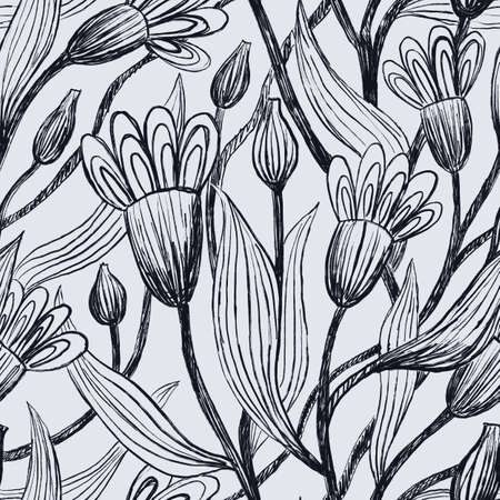 Black ink floral pattern on light gray background. Beautiful textile print. Hand drawn monochrome illustration. Great for fabrics, wallpapers, covers.の写真素材