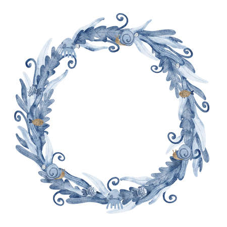 Watercolor hand painted round frame with fish, jellyfish, snails and seaweed isolated on white. Beautiful wreath. Blue color. Ocean life illustration. Great for posters, cards design.の写真素材