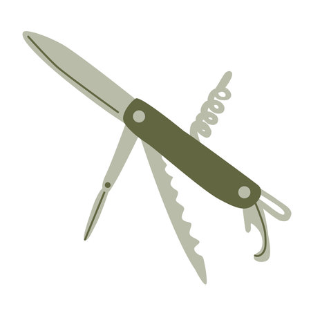 Camp folding multi knife. Hand drawn flat vector illustration isolated on white background. Camping and tourism equipment.のイラスト素材