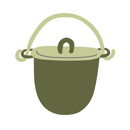 Camping outdoor cooking pot with handle. Hand drawn flat vector illustration isolated on white background. Camping equipment.のイラスト素材