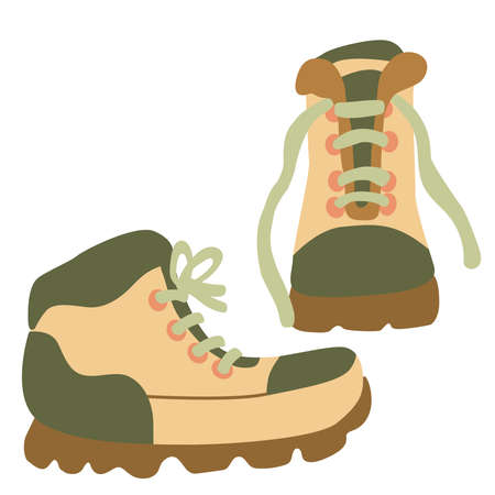Hand drawn flat vector illustration of hiking boots isolated on white background. Camping and tourism footwear.のイラスト素材