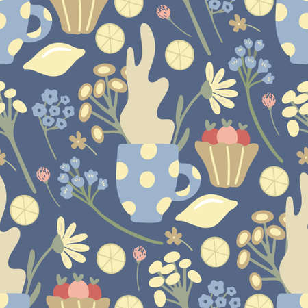 Herbal tea seamless pattern with lemons, fruit desserts, wild flowers and mugs of tea on blue background. Summer morning mood. Great textile for throw pillow, phone cases, bed linens, wallpaper.のイラスト素材
