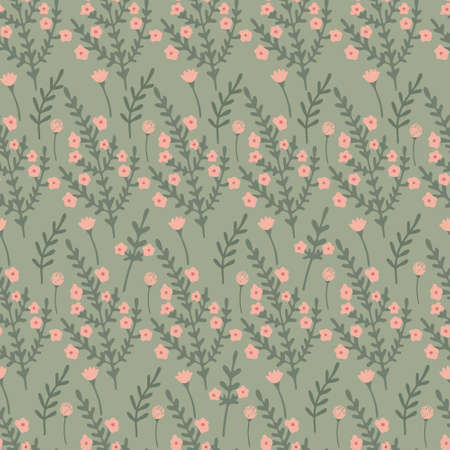 Herbal seamless pattern with wild or meadow flowers on green background. Summer floral print. Great textile for throw pillow, phone cases, bed linens, wallpaper.のイラスト素材
