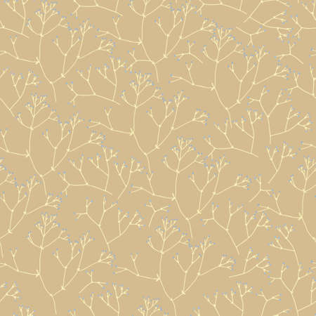 Seamless pattern with thin flowering twigs with on beige background. Summer floral print. Great textile for throw pillow, blanket, covers, wallpaper.のイラスト素材