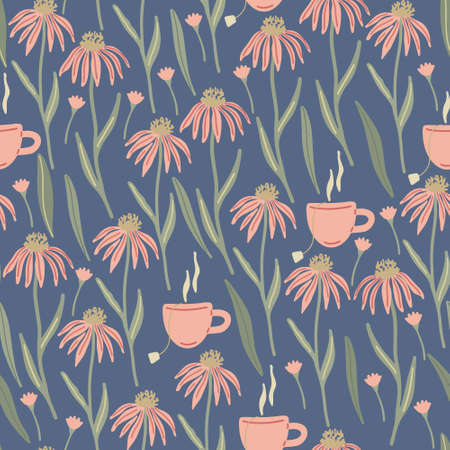 Herbal seamless pattern with wild or meadow echinacea flowers and tea cups on blue background. Summer floral print. Great textile for throw pillow, phone cases, bed linens, wallpaper.のイラスト素材
