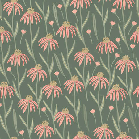 Herbal seamless pattern with wild or meadow echinacea flowers on green background. Summer floral print. Great textile for throw pillow, phone cases, bed linens, wallpaper.のイラスト素材
