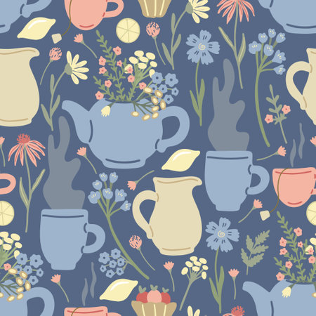 Herbal tea seamless pattern with lemons, tea pots, wild flowers and mugs of tea on blue background. Summer morning mood. Great textile for throw pillow, phone cases, bed linens, wallpaper.のイラスト素材