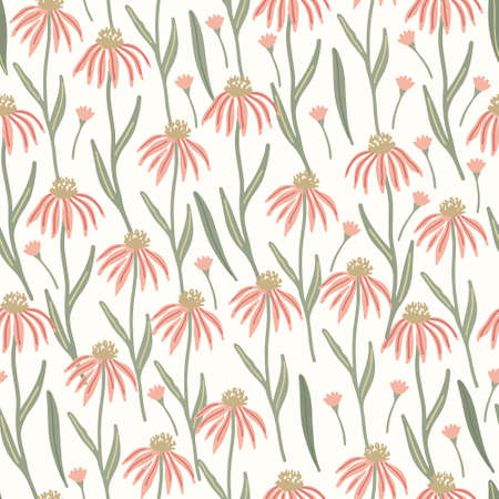 Herbal seamless pattern with wild or meadow echinacea flowers on light yellow background. Summer floral print. Great textile for throw pillow, phone cases, bed linens, wallpaper.のイラスト素材
