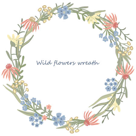 Herbal round frame or wreath decorated with wild or meadow flowers. Summer floral design. Great for greeting card, posters, blog decorating. Hand drawn vector illustration isolated on white.のイラスト素材