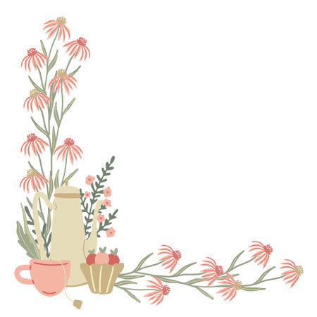 Herbal corner frame with teapot, mug of tea and wild or meadow echinacea flowers. Summer floral design. Great for greeting card, posters, blog decorating. Hand drawn vector illustration.のイラスト素材