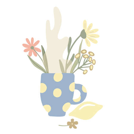 Herbal tea illustration. Lemon, wild flowers and mug of tea decorated with polka dots. Hand drawn vector illustration isolated on white background. Great for posters, package, kitchen decorating.のイラスト素材
