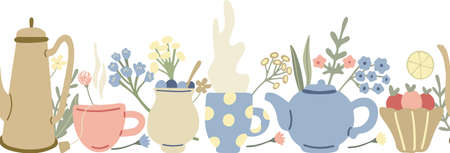 Herbal tea seamless border with lemons, teapots, fruit desserts, wild flowers and mugs of tea. Summer morning mood. Hand drawn vector illustration.のイラスト素材