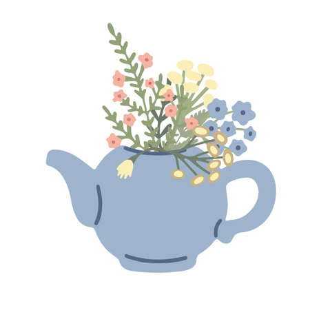Beautiful blue teapot decorated with meadow flowers. Vector hand drawn illustration isolated on white. Herbal tea. Great for posters, packages, kitchen and t-shirt decorating.のイラスト素材